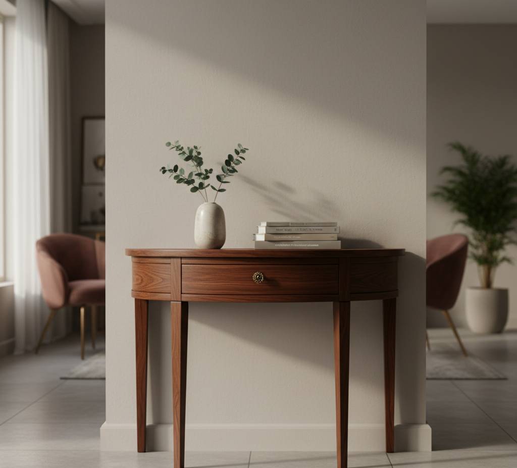 Stylowa konsola półokrągła – drewniany mebel z szufladą