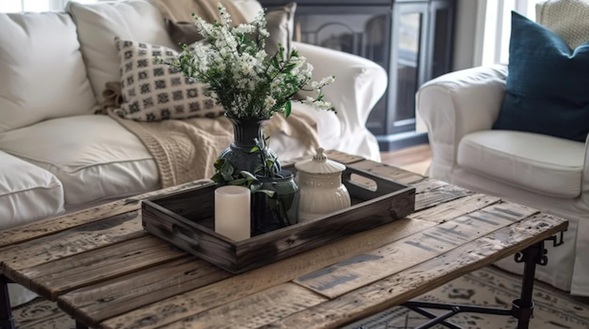 Dekoracja stołu kawowego w stylu wiejskim z drewnianym wykończeniem i metalowymi akcentami