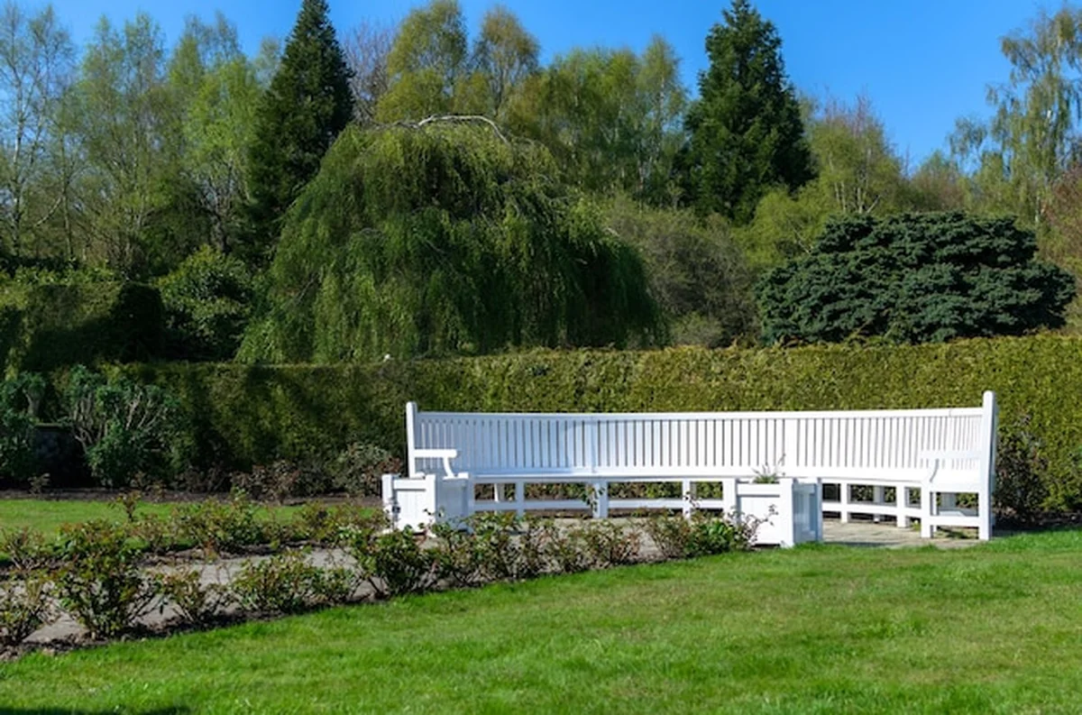 Długa drewniana ławka w ogrodzie wiosną