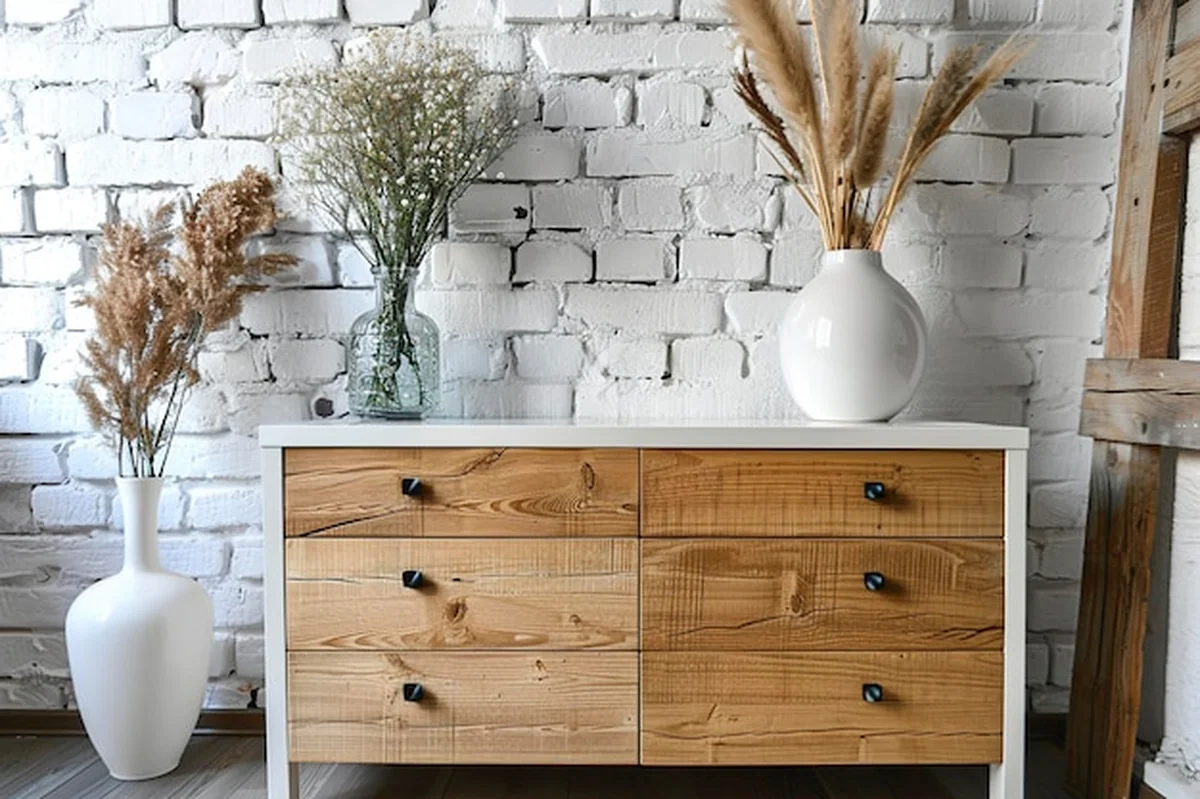 Nowoczesna komoda przy białej ścianie z cegły