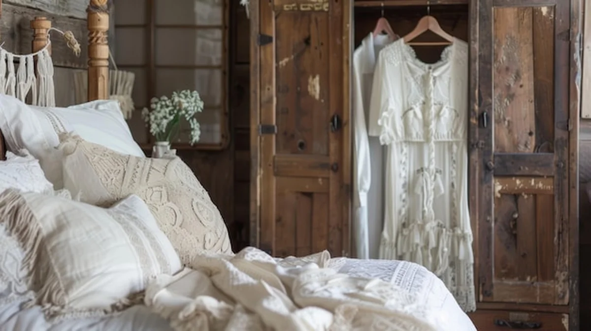 Rustykalna sypialnia z vintage szafą i koronkowymi sukienkami