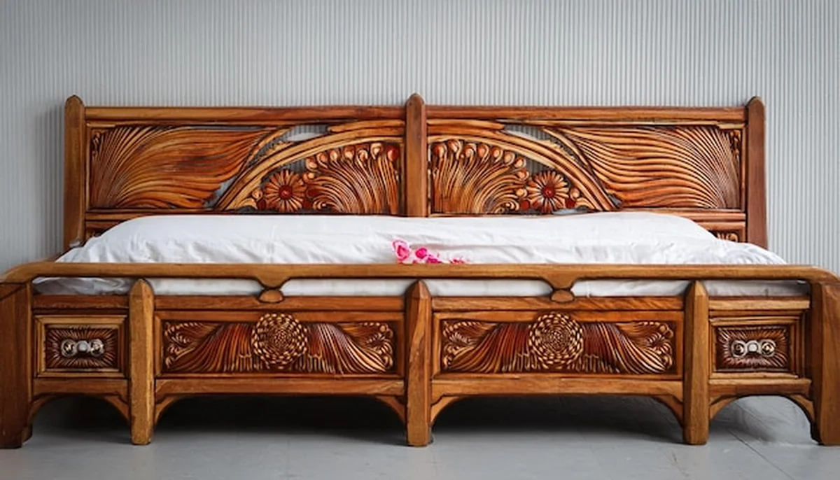 Eleganckie drewniane łóżko w stylowym pokoju z nowoczesnymi meblami i dekoracją