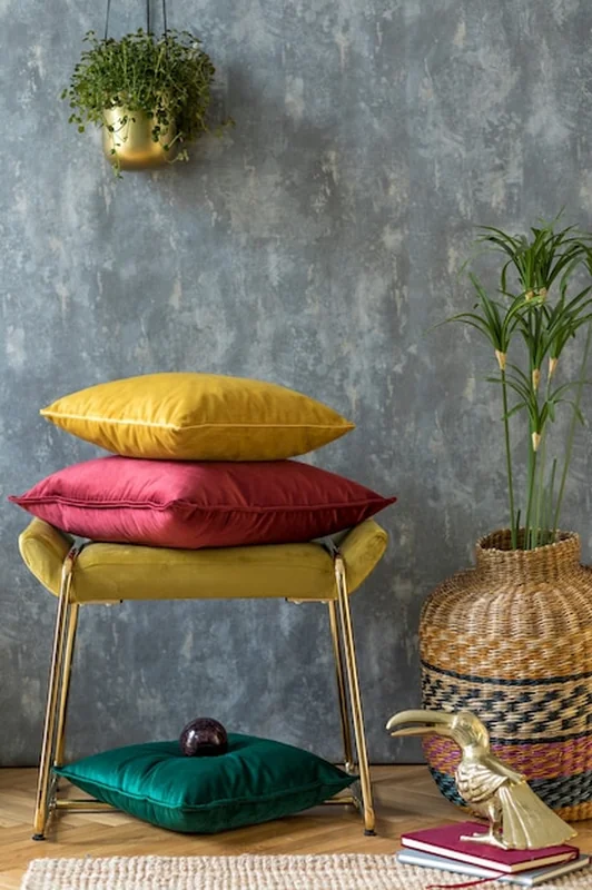 Stylowa kompozycja wnętrza salonu z kolorowymi poduszkami i szarymi ścianami