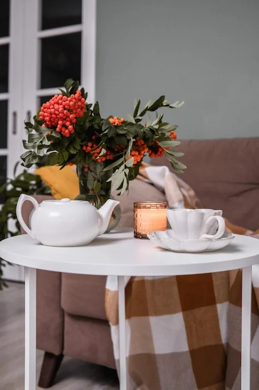 Salon z kocem, roślinami i filiżanką kawy