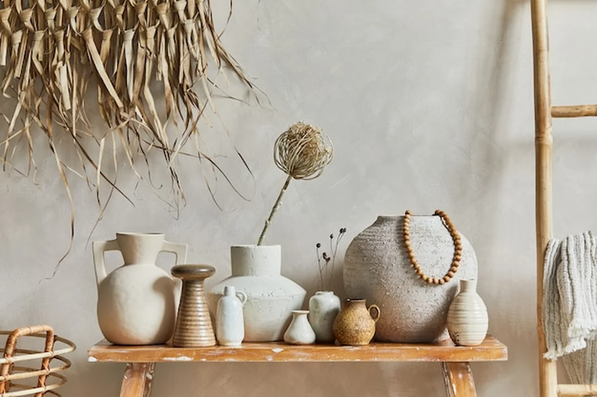 Stylowa kompozycja wnętrza salonu z retro ławką, wazonami i naczyniami. Beżowa ściana, rustykalna inspiracja