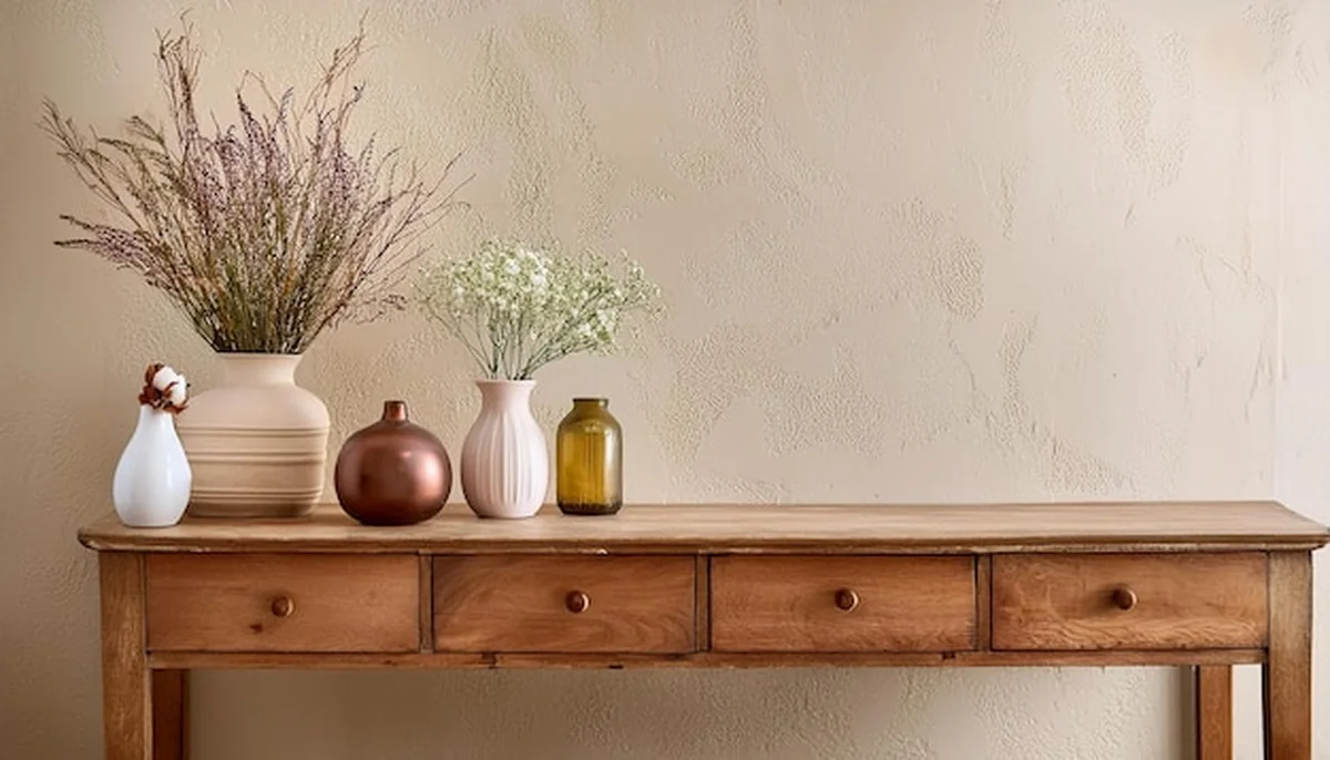 Rustyczny drewniany stół konsolowy na beżową ścianę sztukowaną